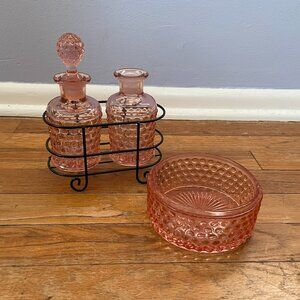 Antique pink hobnail depression glass vanity set of perfume bottles and matching